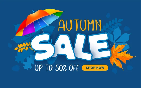 秋の販売についての広告バナー 表情豊かな文字 鮮やかな多色の傘 秋の紅葉と古典的な青の背景に今店のためのボタン 漫画風 ベクターイラスト — ストックベクタ