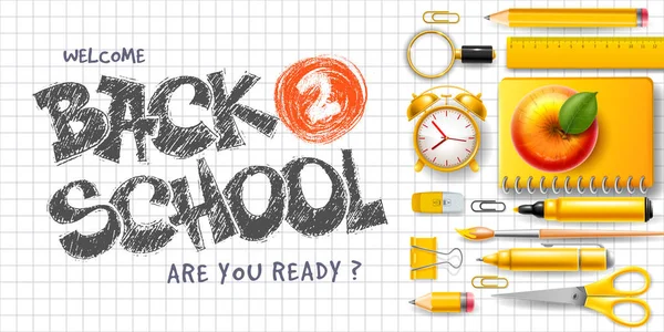 Back School Horizontal Advertising Banner Flat Lay Design School Stationery — Stock Vector