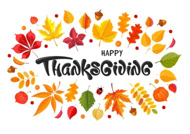 Mutlu Şükran Günü tipografisi sonbahar yaprakları, meşe palamutları ve filozoflarla dolu. Kutlama metni, tebrik kartları, poster, herhangi bir tatil tasarımı için. Yatay bileşim. Vektör illüstrasyonu. 