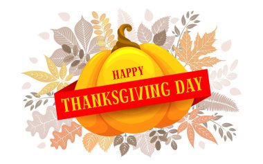 Şükran Günü 'nün yazı, sonbahar yaprakları ve balkabağı için yer içeren tipografi şablonunuz kutlu olsun. Tebrik kartları, poster, herhangi bir tatil planı için kutlama tasarımı. Vektör illüstrasyonu. 