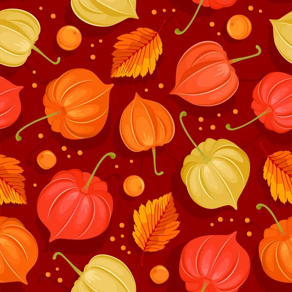 Patrón Sin Costuras Tonos Rojos Anaranjados Con Hojas Otoño Physalis — Vector de stock