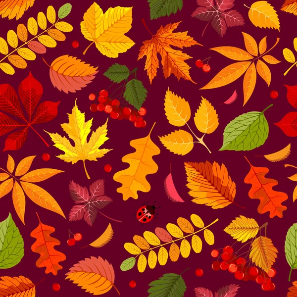 Seamless Pattern Red Orange Tones Autumn Leaves Rowanberry Fall Background — Stock Vector