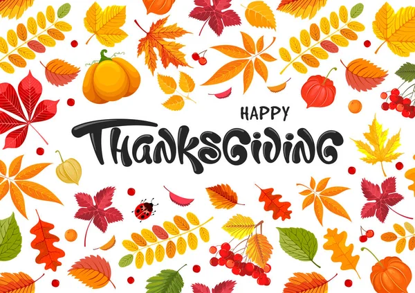 Gelukkige Thanksgiving Feestelijke Typografie Belettering Met Herfst Herfstbladeren Pompoen Rowanberry — Stockvector