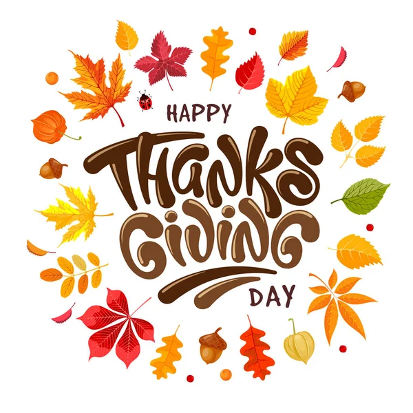 Gelukkige Thanksgiving Feestelijke Typografie Belettering Met Herfstbladeren Eikels Fysalis Viering Vectorbeelden