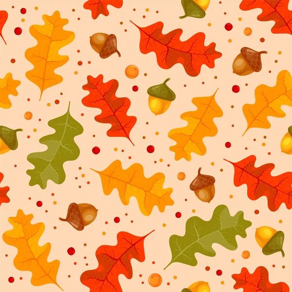 オークとアコーンの秋の葉と花のシームレスなパターン 漫画風のかわいい質感 表面充填剤 パッケージペーパー その他のデザインに簡単に使用できます ベクターイラスト — ストックベクタ