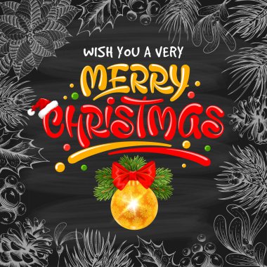 Noel balosu ve mektuplarla dolu mutlu noel kutlamaları. Karalama ile el yazısı kış bitkileri ve çerçeve etrafında oymalı stil. Arkaplanda siyah karatahta. Vektör illüstrasyonu.