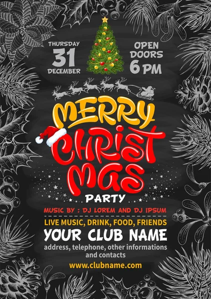 Merry Christmas celebrations party poster background with Christmas tree and lettering. Handwritten winter plants in doodle style as frame around. Black chalkboard on backdrop. Vector illustration.