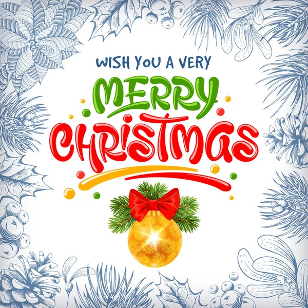 メリークリスマスのお祝いの背景にクリスマスボールとレタリング 手書きの冬の植物の周りのフレームとしてのドアと刻まれたスタイル 冬の雪の白い背景 ベクターイラスト — ストックベクタ