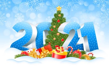 Yeni yıl 2021. Üç boyutlu rakam 2021 ve süslü Noel ağacı, hediyeler, ladin dalları, karda Noel oyuncakları. Kış karlı arka plan. Vektör illüstrasyonu.