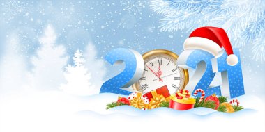 Hacimli rakamlar 2021 ve altın saat, hediyeler, ladin dalları, karda Noel oyuncakları. Köknar ağacıyla karlı bir arka plan. Noel ve Yeni Yıl kutlama tasarımı. Vektör illüstrasyonu.