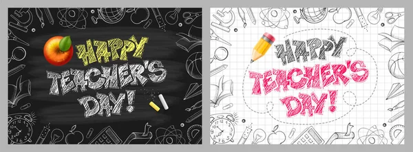世界教师日 粉笔在黑板上和校对纸上写着 教师节快乐 框架与手绘学校科目 问候卡片模板 矢量图集 — 图库矢量图片