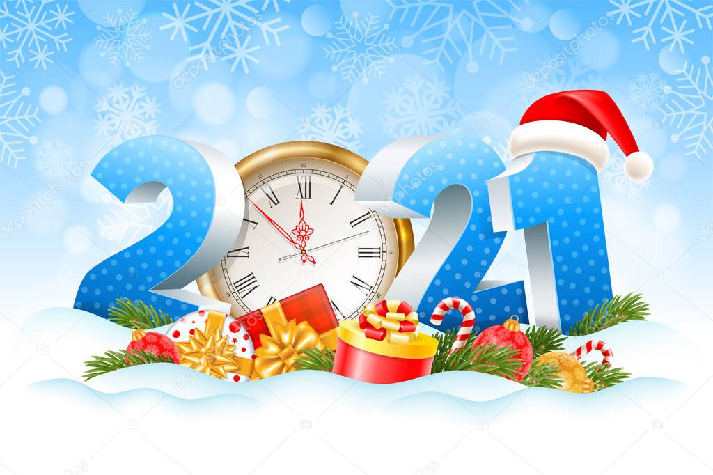 Volumetric digits 2021 and golden clock, gifts, spruce branches, christmas toys in the snow. Winter snowy background. Christmas and New Year festive design. Vector illustration.