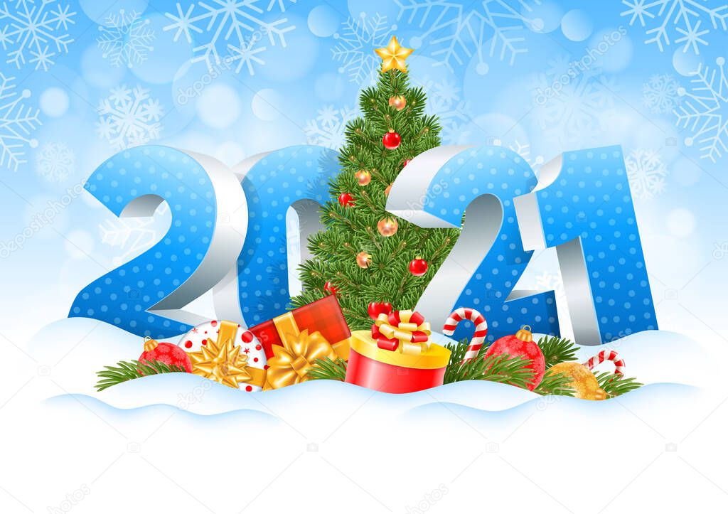 New Year 2021. Three dimensional digits 2021 and decorated Christmas tree, gifts, spruce branches, christmas toys in the snow. Winter snowy background. Vector illustration.