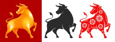 Ox, 2021 yılının Çin burcu sembolü. Set, farklı stillerde boğalardan oluşur. Altın hacimli biblo, siluet, çin usulü çiçek süsü ile boyanmış. Vektör illüstrasyonu.