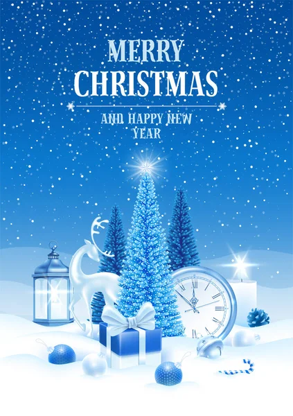 メリークリスマスとハッピーニューイヤー 青い色の冬の背景に雪の中でふわふわ人工クリスマスツリー 鹿の置物 贈り物や装飾とお祭りのデザイン ベクターイラスト — ストックベクタ