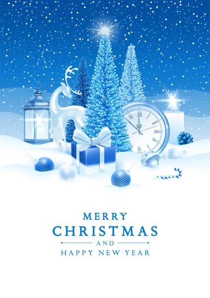 圣诞快乐 新年快乐 节庆设计 雪地上有蓬松的人造圣诞树 鹿形雕像 礼物和装饰 冬季背景为蓝色 矢量说明 — 图库矢量图片
