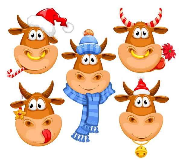 Cartoon Funny Bull Characters Set Merry Christmas Happy New Year — Stock Vector