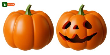 Cadılar Bayramı balkabağı ya da Jack O Lantern. Komik suratlı, gerçekçi bir balkabağı. Ve sette portakallı sonbahar sebze kabağı. İzole vektör illüstrasyonu