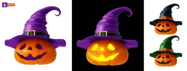 Cadılar Bayramı balkabağı ya da cadı şapkalı Jack O Lantern. 3D gerçekçi sevimli balkabağı seti ve komik, neşeli bir yüzü var. Parlayan yüz, sette çeşitli şapka renkleri. İzole vektör illüstrasyonu