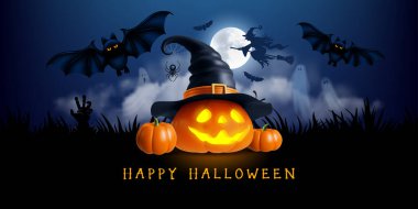 Mutlu Cadılar Bayramı tebrik kartları, afiş. Cadı şapkalı ve oymalı komik suratlı 3 boyutlu gerçekçi balkabağı. Jack feneri, yarasalar, mistik ay ve sis Cadılar Bayramı gecesini ürpertici bir şekilde titreştirdi. Vektör illüstrasyonu