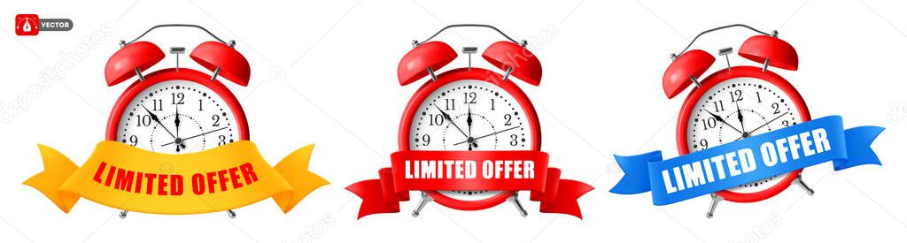Limited offer sticker with red alarm clock and ribbon. Advertising for sale, super promo or exclusive deal. Great offer one day sales and timer. Last minute chance auction tag. Vector illustration