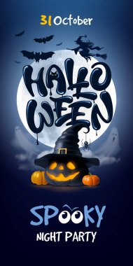 Cadılar Bayramı hayaletleri, hayaletler ve dolunaylı harf, 3 boyutlu balkabağı, yarasa, cadı şapkası içeren dikey web afişi. Parti duyurusu, davetiyeler, indirimler ve mevsimlik promosyonlar. Vektör illüstrasyonu