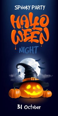 Cadılar Bayramı hayaleti parti dikey web pankartı, harf, 3 boyutlu balkabağı, yarasalar, cadı şapkası ve dolunay. Parti duyurusu, davetiyeler, indirimler ve mevsimlik promosyonlar. Vektör illüstrasyonu