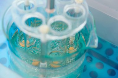 Tablet çözünürlük için laboratuvarda test. İlaç sanayi üretimi. Kalite yönetimi ilaçların.