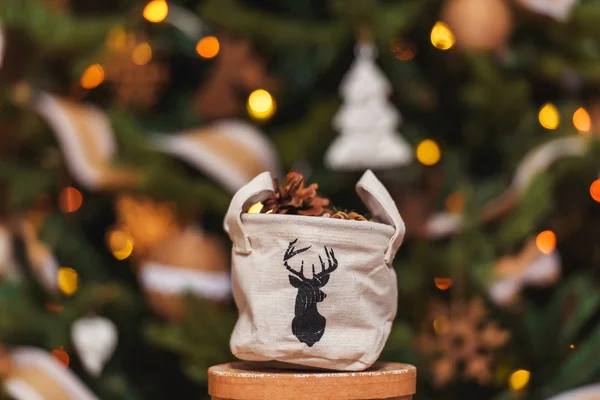 Cloth Basket Cones Basket Deer Background Christmas Tree Rustic Christmas — Stock Photo, Image