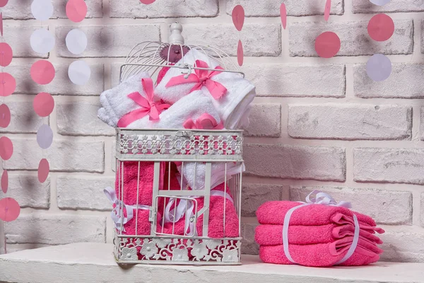 White Towels Tied Pink Ribbon Bow White Gray Towels Decorative — Stock Photo, Image