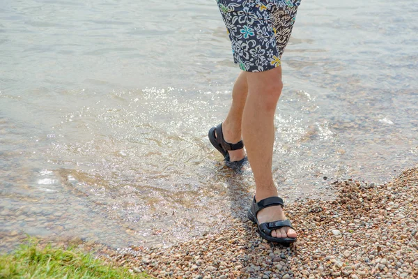 Feet in sandals on the beach. Stony shore of the lake. Man in shorts. Beach colored shorts on a man. Wet sandals. The opening of the beach season. Walk on the rocky beach.