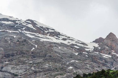 Yüksek dağlar. Dağ manzarası. Karla kaplı dağ yamaçlarında. Bulutlu gökyüzü dağlık arazi. Karlı zirveleri. Kaya dokusu.