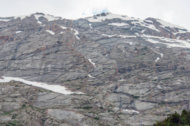 Yüksek dağlar. Dağ manzarası. Karla kaplı dağ yamaçlarında. Bulutlu gökyüzü dağlık arazi. Karlı zirveleri. Kaya dokusu.