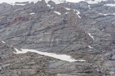 Yüksek dağlar. Dağ manzarası. Karla kaplı dağ yamaçlarında. Bulutlu gökyüzü dağlık arazi. Karlı zirveleri. Kaya dokusu.