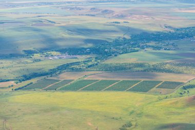 Sürülmüş alanlar. Hasat. Yeşil engebeli yüzey. Engebeli arazi. Doğada bitki örtüsü. Bird's-Eye. Kırsal faaliyetleri.