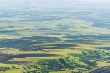 Yeşil engebeli yüzey. Engebeli arazi. Doğada bitki örtüsü. Dağ manzarası. Bird's-Eye view. Yamaçların üzerinde büyüyen çalılar.