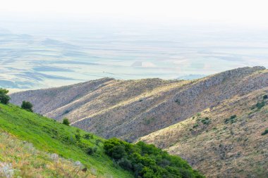 Yeşil engebeli yüzey. Engebeli arazi. Doğada bitki örtüsü. Dağ manzarası. Bird's-Eye view. Yamaçların üzerinde büyüyen çalılar.