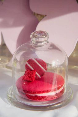 Bir cam kubbe altında renkli Whoopi-pasta kek. Tatlı hamur işleri. Yuvarlak kek. Tatlı. Yemek. Şeker çubuğu.