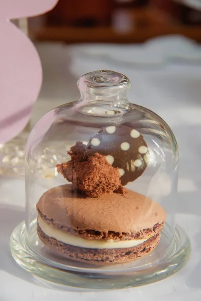 Colored Whoopi-Pie cakes under a glass dome. Sweet pastries. Round cakes. Dessert. Cooking. Candy Bar.