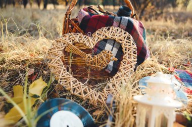 Dekor sonbahar bir fotoğraf çekimi için. Piknik doğada. Kuru ot. Hasır sepet. Kareli ekose. Kuru üzüm kalbinde hasır.