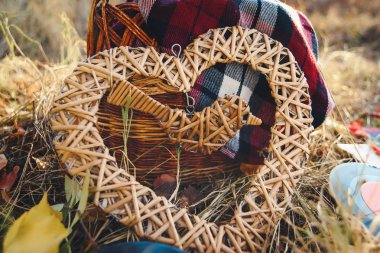 Dekor sonbahar bir fotoğraf çekimi için. Piknik doğada. Kuru ot. Hasır sepet. Kareli ekose. Kuru üzüm kalbinde hasır.