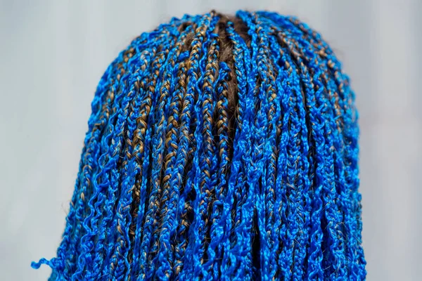 Zizi Pigtails Blue Braid Weaving Technique Hairdressing Services Afrokosichki Weave — Stock Photo, Image