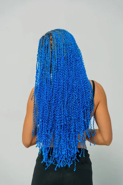 Lange Pigtails Blauw Vlecht Weeftechniek Diensten Van Kappers Afrokosichki Weven — Stockfoto