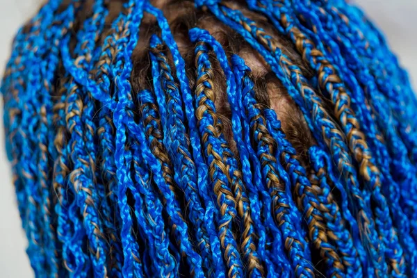Zizi Pigtails Blue Braid Weaving Technique Hairdressing Services Afrokosichki Weave — Stock Photo, Image