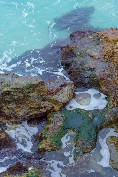 Skalnaté Pobřeží Povrch Struktura Vody Velké Kameny Voda Modrá Chersonese — Stock fotografie