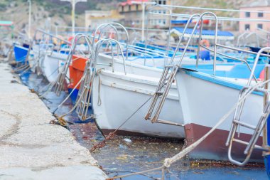 Yün şehir. Yöreden. Doğa. Yün Bay. Karadeniz. Demirli tekneler ve yatlar. Kirlenmiş su yüzeyi. Ekoloji sorunları. Yalta. Kırım'dinlenme.