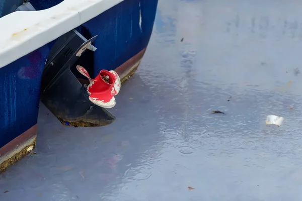 Contaminated water surface. Ecology problems. Plastic bags and garbage in the water. Dead jellyfish. Nature. Balaclava Bay. Black Sea. Moored boats and yachts. Yalta. Rest in Crimea.