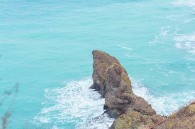 Kayalık sahil deniz kenarında. Karadeniz. Büyük kayalar ve kayalar. Dalgalar gürültüyle çarpmak buzlu. Bir sprey su. Kayalık plaj. Renkli moss buzlu. Kırım'dinlenme. Sevastopol. Yolculuk. Turizm.