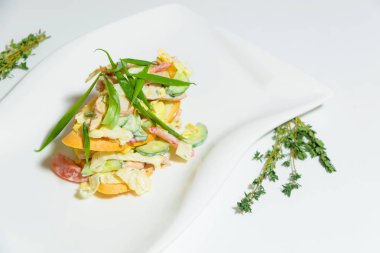 Sebze ve Tavuk salatası. Domates ve salatalık. Beyaz bir seramik tabak taze salata. Kraker ekmek üzerinden. Yemekleri sunan. Gıda fotoğrafçılığı.