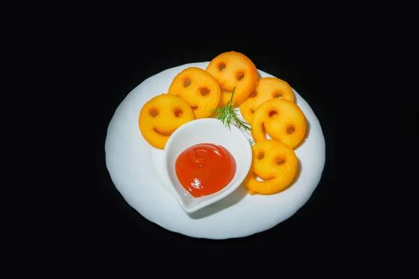 Beautiful Serving Dishes Potato Nuggets Shape Smiles Dill Parsley Tomato — Stock Photo, Image
